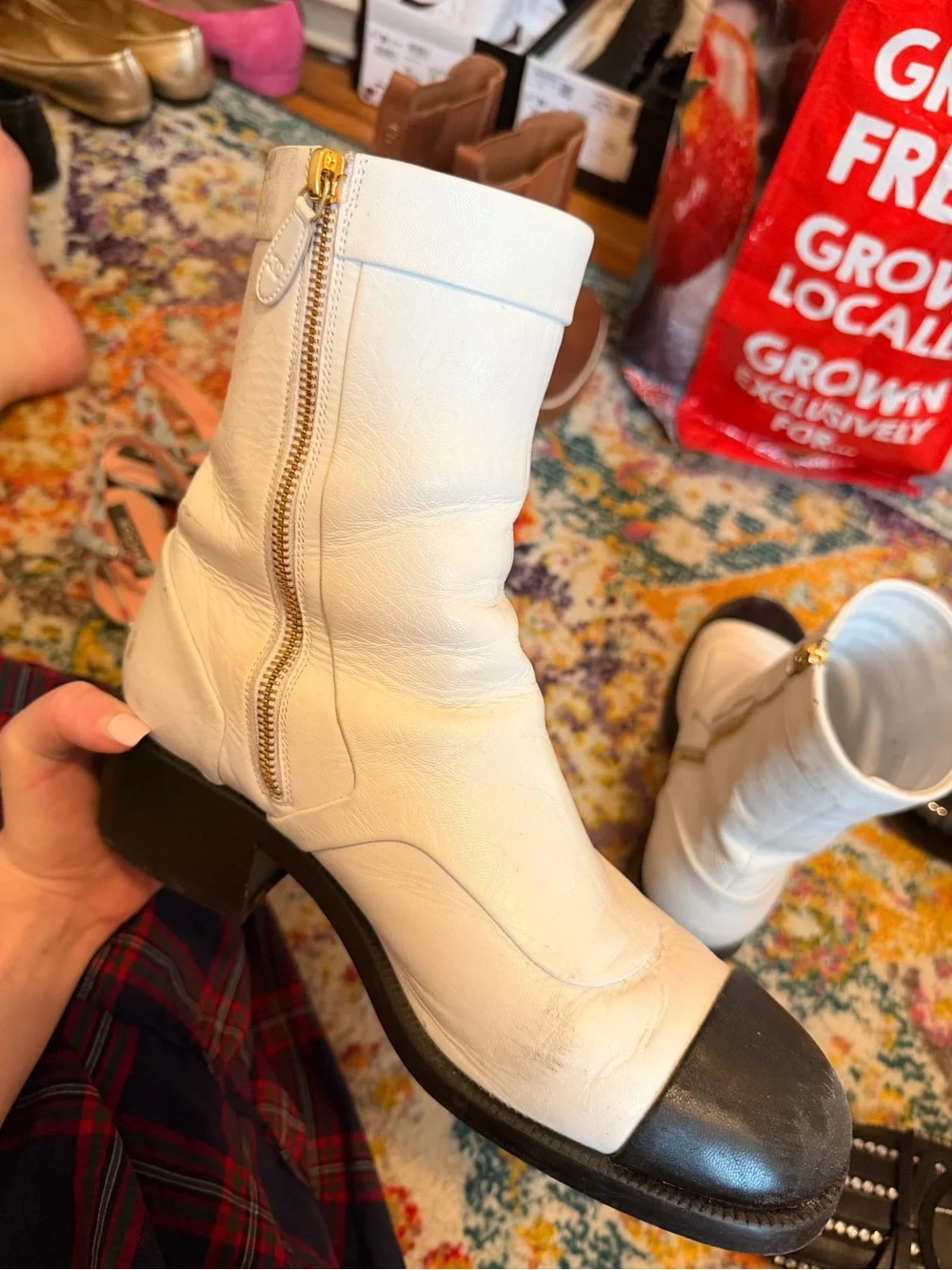 CHANEL White Leather Ankle Boots with Black Cap Toes